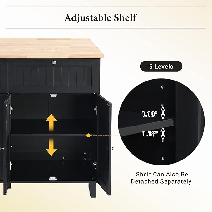 Kitchen Island Set with Drop Leaf and 2 Seatings, Dining Table Set with Storage Cabinet, Drawers and Towel Rack, Suitable for Kitchens, Dining Rooms (Black+Rustic Brown@d)