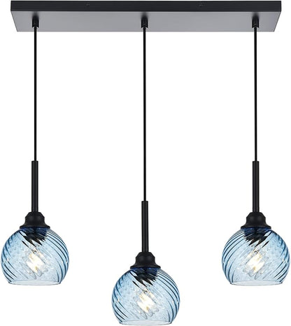 3 Light Island Lights for Kitchen with Striped Swirl Globe Glass, Black Linear Hanging Pendant Light Fixture Farmhouse Chandelier for Dining Room Bar Living Room