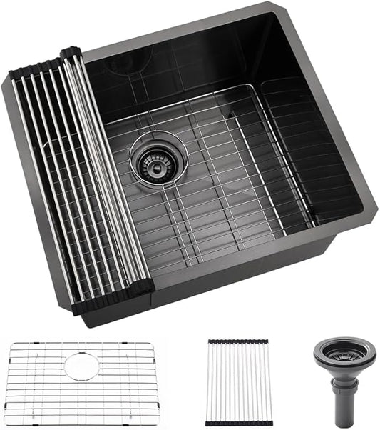 Black Stainless Steel Utility Sink Undermount-Hovheir 21"x18"x12" Matte Black Stainless Steel Laundry Sink Undermount Laundry Room Sink 16 Gauge Single Bowl Deep Kitchen Sink Outdoor Sinks