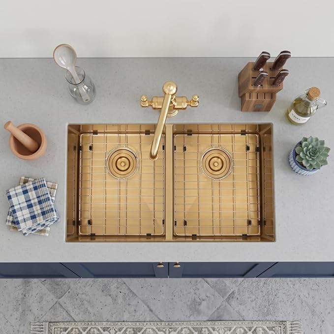 LQS Gold Kitchen Sink 31 Inch, Gold Double Kitchen Sink, Undermount Stainless Steel Sink 16 Gauge Top Grade, R10 Round Corner, X-Shaped Drain Line and Equipped with Roll-Up Dish Rack for Drying