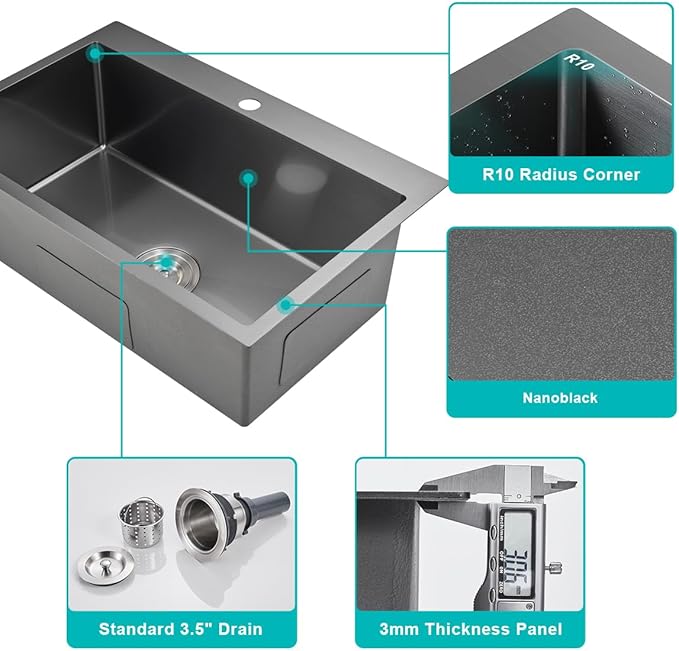 28 x 18 Inch Drop in Kitchen Sink Single Faucet Hole, 18 Gauge 304 Stainless Steel Handmade Single Bowl Topmount Kitchen Sink, Black