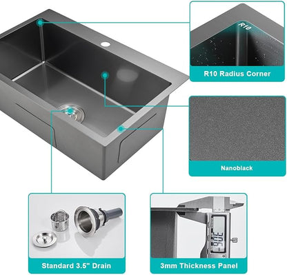 28 x 18 Inch Drop in Kitchen Sink Single Faucet Hole, 18 Gauge 304 Stainless Steel Handmade Single Bowl Topmount Kitchen Sink, Black