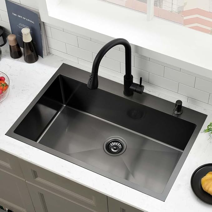 30 Black Kitchen Sink Drop In- Wesliv 30x18 Drop In Black Stainless Steel Kitchen Sink Single Bowl Overmount Deep Sinks with Bottom Rinse Grid&Soap Dispenser