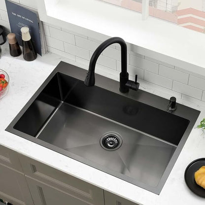 30 Black Kitchen Sink Drop In- Wesliv 30x18 Drop In Black Stainless Steel Kitchen Sink Single Bowl Overmount Deep Sinks with Bottom Rinse Grid&Soap Dispenser
