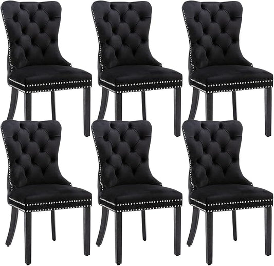 Eifizek Velvet Dining Chairs Set of 6, Tufted Dining Room Chairs with Nailhead Ring Pull Trim, Upholstered Dining Chairs with Solid Wood Legs for Kitchen Dining Room, Sillas De Comedor (Black)