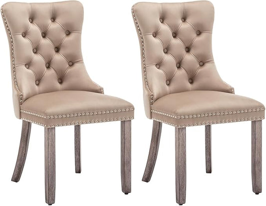 Eifizek Velvet Dining Chairs Set of 2, Upholstered Dining Room Chairs with Nailhead Ring Pull Trim, Button Tufted Wing Back Chairs for Dining with Solid Wood Legs for Kitchen Dining Room(Khaki)