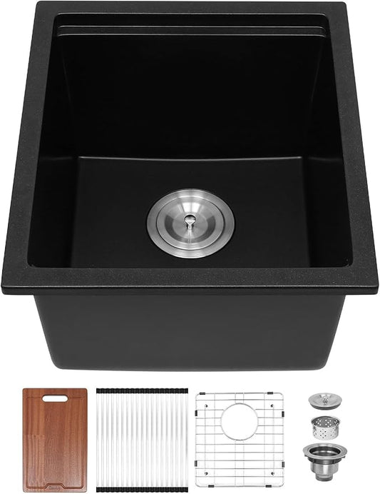 Davivy 15 x 17 x 10 Inch Black Granite Composite Bar Sink Workstation,15 inch Dual-Mount Bar Prep Sink, Small Single Bowl Design with Accessories