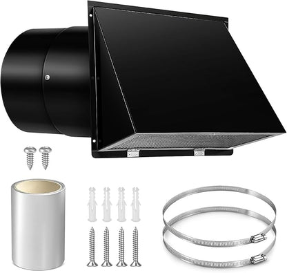 Black 10 Inch Hooded Wall Vent with Screen and Damper Exterior Exhaust Vent Cover Cap