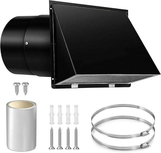 Black 10 Inch Hooded Wall Vent with Screen and Damper Exterior Exhaust Vent Cover Cap