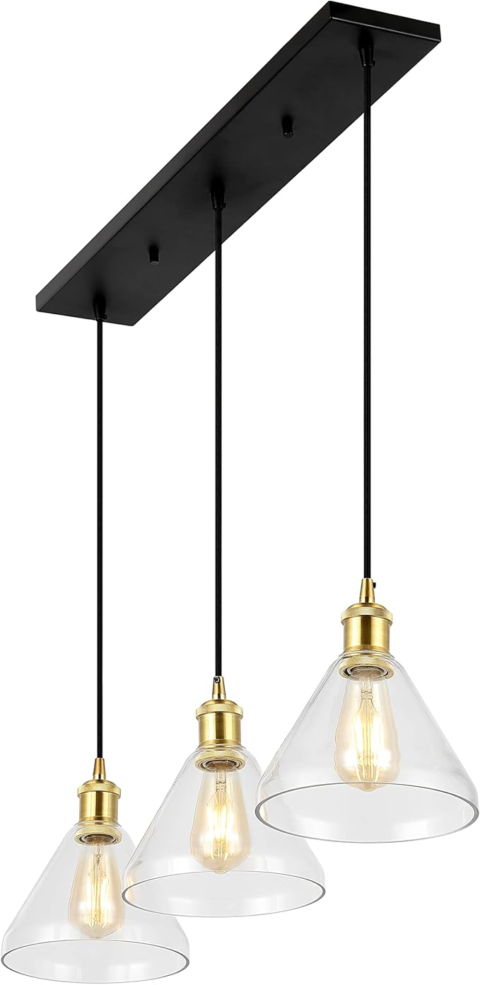 JONATHAN Y 30.5" Brass Gold/Black 3-Light Iron and Glass Linear Pendant Light, Adjustable Height for Kitchen Island Dining Room, Modern Farmhouse, LED Bulbs Included JYL1123A