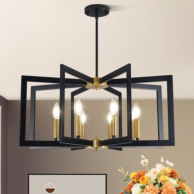 27.6" Modern Chandelier, 8-Light Geometric Dining Room Light Fixture Over Table, Farmhouse Kitchen Island Lighting, Industrial Black and Gold Hanging Pendant Lights for Foyer, Hallway, Entryway
