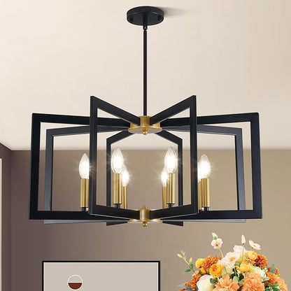 27.6" Modern Chandelier, 8-Light Geometric Dining Room Light Fixture Over Table, Farmhouse Kitchen Island Lighting, Industrial Black and Gold Hanging Pendant Lights for Foyer, Hallway, Entryway
