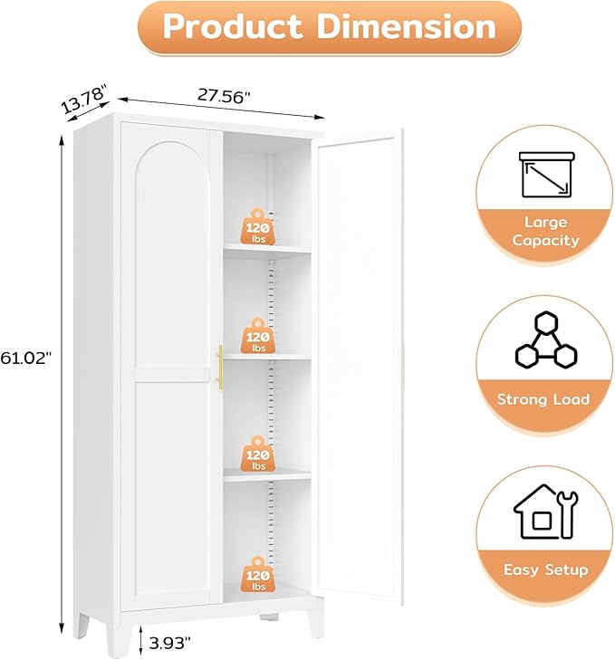 Zevemomo 61" H Metal Kitchen Pantry Cabinet, Freestanding Cupboard with 2 Doors and 3 Adjustable Shelves, Tall Metal Storage Cabinet for Kitchen, Bathroom, Dinning Room or Laundry Room （White）