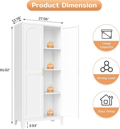 Zevemomo 61" H Metal Kitchen Pantry Cabinet, Freestanding Cupboard with 2 Doors and 3 Adjustable Shelves, Tall Metal Storage Cabinet for Kitchen, Bathroom, Dinning Room or Laundry Room （White）