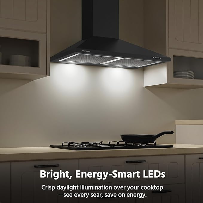 Range Hood 30 inch, 450 CFM Wall Mount Kitchen Hood in Cold Steel with Black Powder Coating Finish, LED Lighting, 3 Speed Exhaust Fan, Ducted/Ductless Convertible (Charcoal Filters Included)