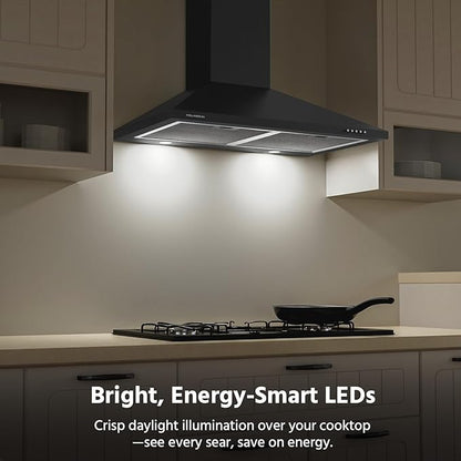 Range Hood 30 inch, 450 CFM Wall Mount Kitchen Hood in Cold Steel with Black Powder Coating Finish, LED Lighting, 3 Speed Exhaust Fan, Ducted/Ductless Convertible (Charcoal Filters Included)