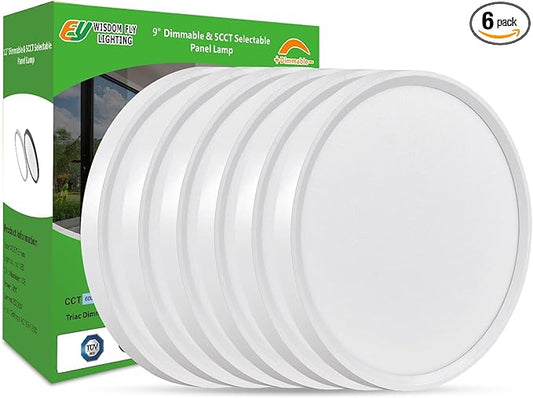 Dimmable 9 Inch LED Flush Mount Ceiling Light, 2700K/3000K/4000K/5000K/6000K CCT Selectable,18W 1860LM Round Flat Panel Light Low Profile Led Light Fitures for Kitchen Living Room Bedroom，6PK- 5CCTD
