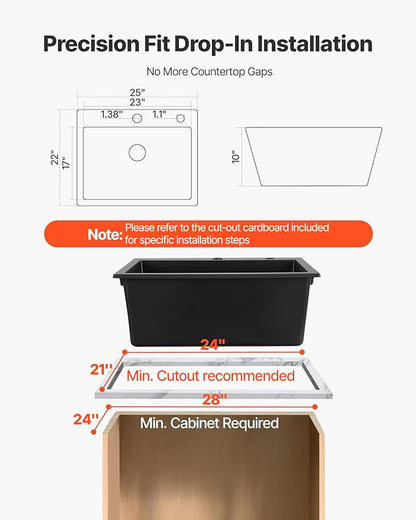 VEVOR 33 inch Kitchen Sink Workstation, Top Mount Granite Sinks, Drop-In Single Bowl Farmhouse Basin with Multiple Accessories, Household Dishwasher Sinks (22"D x 25"W x 10"H)