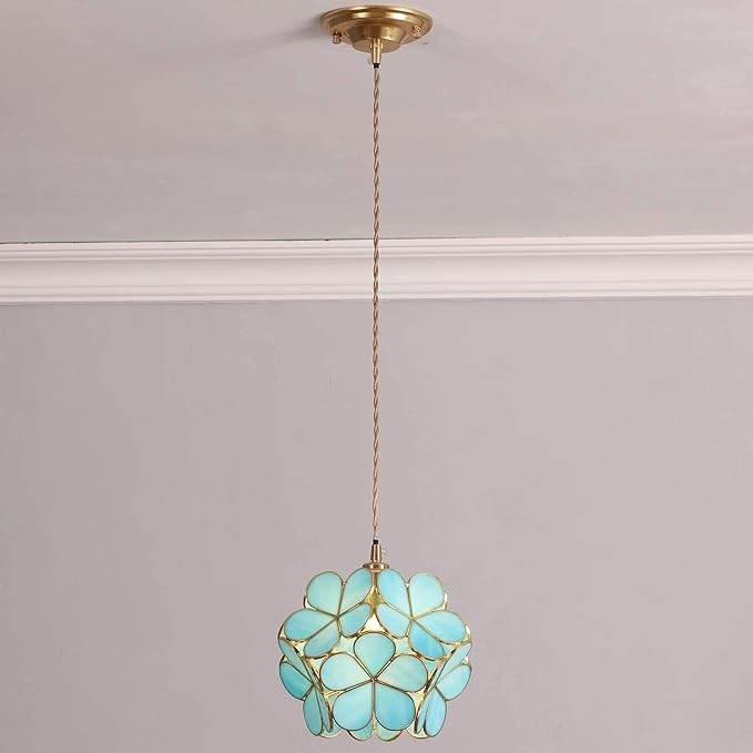Bieye L10747 Petals Tiffany Style Stained Glass Ceiling Pendant Light with 8-inch Wide Lampshade (Sky Blue, 8" Cherry Blossom)
