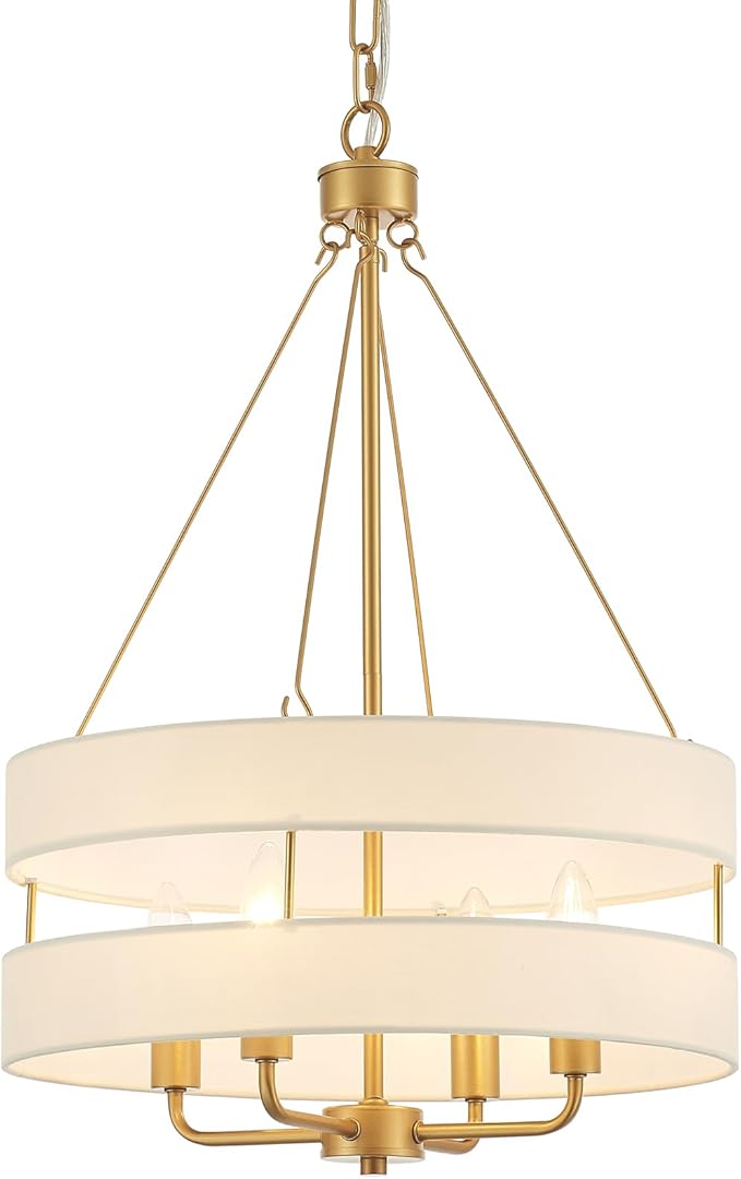 4-Light Rustic Drum Chandelier for Foyer, Gold Pendant Light Fixture with Fabric Shade, Modern Farmhouse Chandelier for Dining Room Entryway Bedroom