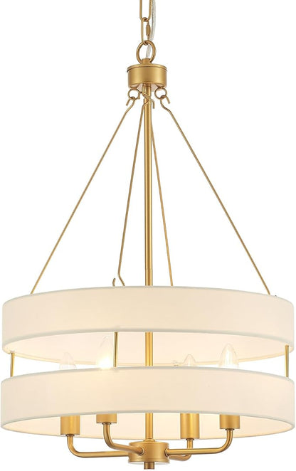 4-Light Rustic Drum Chandelier for Foyer, Gold Pendant Light Fixture with Fabric Shade, Modern Farmhouse Chandelier for Dining Room Entryway Bedroom