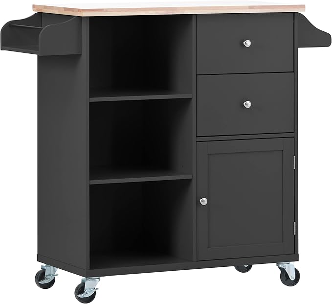 Fashion Store Kitchen Island Cart with Rubber Wood Top and 2 Drawers,4 Wheels and 3 Open Shelves,for Kitchen,Dining Room,Bathroom,Living Room (Black@E)