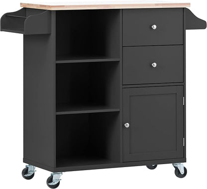 Fashion Store Kitchen Island Cart with Rubber Wood Top and 2 Drawers,4 Wheels and 3 Open Shelves,for Kitchen,Dining Room,Bathroom,Living Room (Black@E)