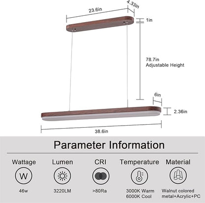 EDISLIVE Modern Linear LED Island Light Dimmable LED Chandelier 38.6 in Adjustable Linear Hanging Light Fixture 3000K-6500K 37W Pendant Light with Iron Acrylic for Dinning Room Kitchen，Walnut Brown