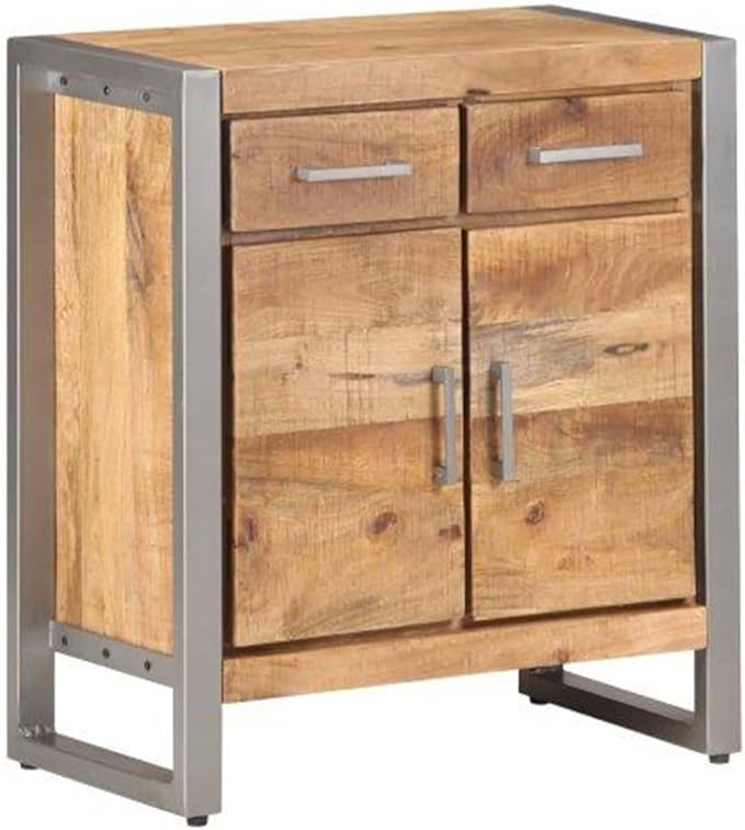 Natural Mango Wood Sideboard, Grey Finish, Industrial Design, 2 Drawers, 2 Doors, 23.6x13.8x28.3in, Living Room Storage Cabinet Furniture Kitchen Furnitur