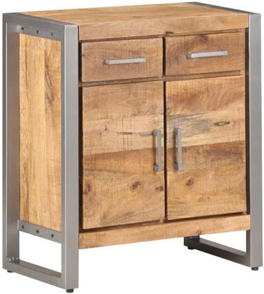Natural Mango Wood Sideboard, Grey Finish, Industrial Design, 2 Drawers, 2 Doors, 23.6x13.8x28.3in, Living Room Storage Cabinet Furniture Kitchen Furnitur