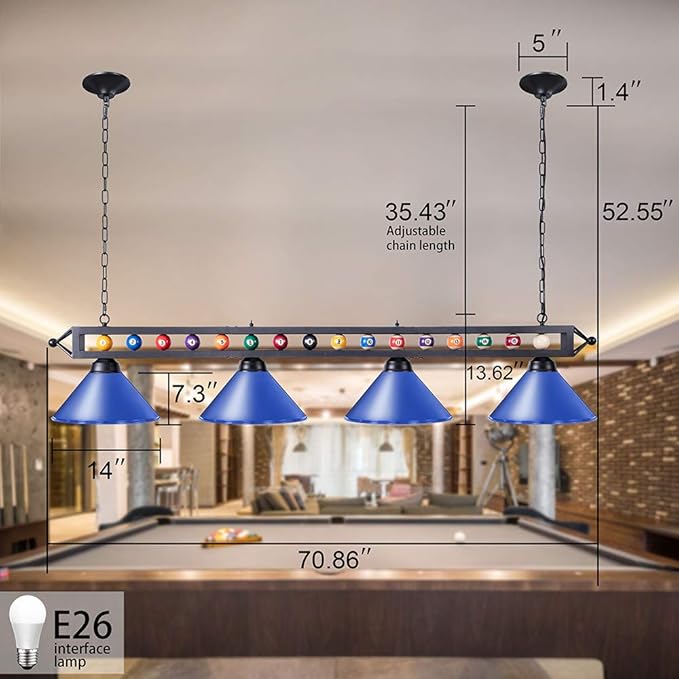 Wellmet Pool Table Light, 70-Inch 4-Light Billiard Pendant Fixture for Game Room, Adjustable Industrial Hanging Light for Over Billiard Table, Kitchen Island, Dining Table, or Man Cave