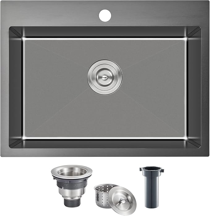 22 x 18 inch Drop-in Kitchen Sink, Single Bowl Single Hole 304 Stainless Steel Topmount Kitchen Sink, Black