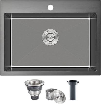 22 x 18 inch Drop-in Kitchen Sink, Single Bowl Single Hole 304 Stainless Steel Topmount Kitchen Sink, Black