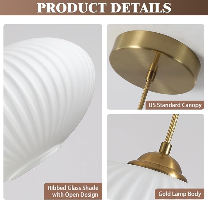 KCO Lighting White Ribbed Glass Ceiling Light Modern Antique Brass Pendant Light Gold Globe Pendant Light Fixture Mid Century Kitchen Island Pendant Lighting (2 Pack)