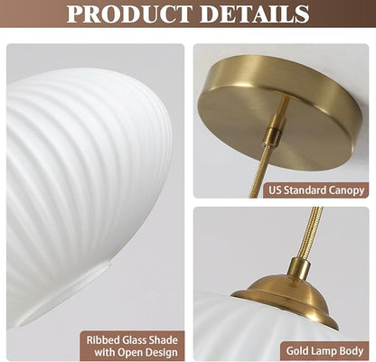 KCO Lighting White Ribbed Glass Ceiling Light Modern Antique Brass Pendant Light Gold Globe Pendant Light Fixture Mid Century Kitchen Island Pendant Lighting (2 Pack)