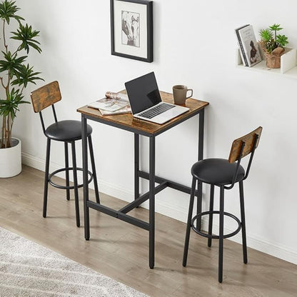 Bar Table Set for 2 with 2 PU Upholstered Stools, Pub Bistro Dinning Table and Stools with Backrest, Counter Height Bar Table Set for Apartment, Kitchen, Small Space