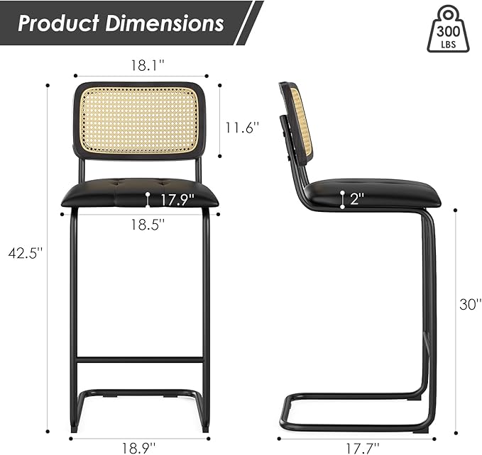 Counter Height Bar Stools Set of 2, Upholstered PU Leather Bar stools with Rattan Back, 30 inch Stools Armless Bar Chairs for Kitchen Island, Black