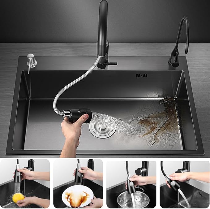 ARTLINE Black Kitchen Sink, Stainless Steel Single Bowl Sink, Drop In/Topmount Workstation Sink with Sliding Accessories, Farmhouse Workstation sink with Multiple Accessories (28.3 x 17.7in), RXZE031