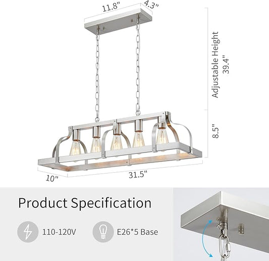 WUZUPS 5-Light Metal Chandelier Linear Pendant Ceiling Lighting Rustic Farmhouse Fixture Kitchen Island Dining Room, H 8.5" L 31.5" W10, E26 Base, Brushed Nickel