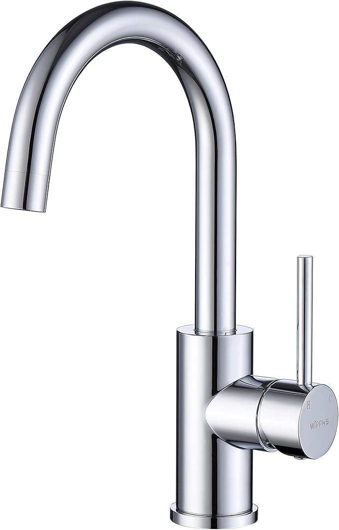 Single Hole Bar Faucet Chrome, WiPPhs Small Kitchen Sink Faucets with Hot and Cold Supply Lines, Single Handle Modern Wet Bar Faucet