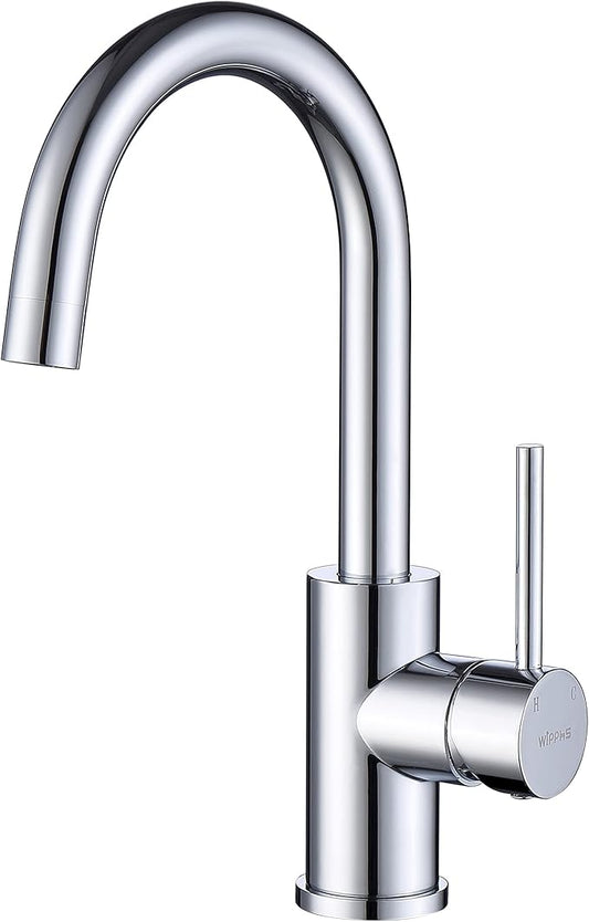 Single Hole Bar Faucet Chrome, WiPPhs Small Kitchen Sink Faucets with Hot and Cold Supply Lines, Single Handle Modern Wet Bar Faucet