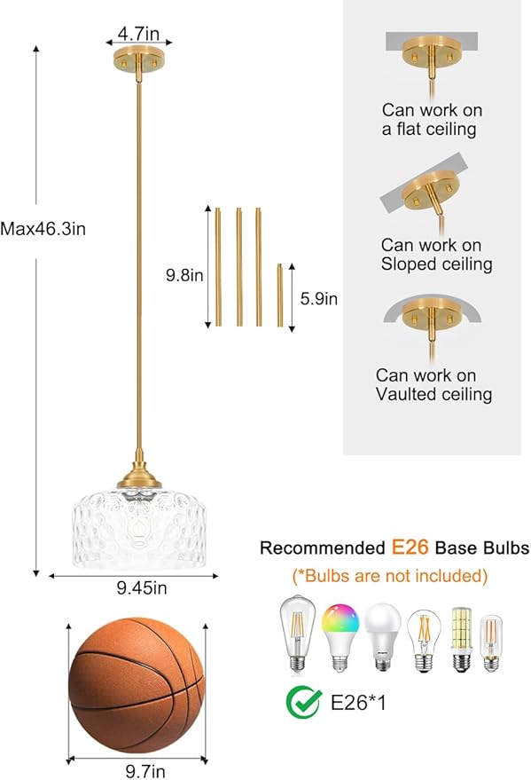 Modern Pendant Lights Kitchen Island, Brushed Gold Pendant Light Fixtures with 9.45" Clear Hammered Glass Shade, Industrial Hanging Pendant Lights for Kitchen Island Dining Room Bedroom Entryway