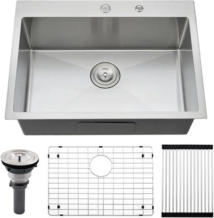 26 inch Drop in Kitchen Sink - VOKIM 26"x 19" Inch Stainless Steel Drop in Sink Single Bowl Top Mount sink With Dish Grid