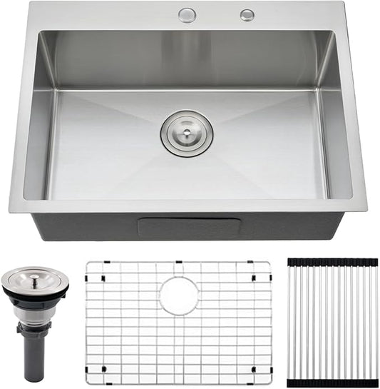 26 inch Drop in Kitchen Sink - VOKIM 26"x 19" Inch Stainless Steel Drop in Sink Single Bowl Top Mount sink With Dish Grid