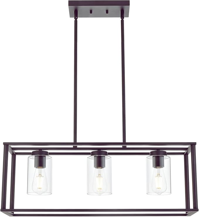 VINLUZ 3-Light Industrial Metal Large Pendant Lighting Oil Rubbed Bronze Modern Linear Chandelier with Clear Glass Shades Farmhouse Rustic Ceiling Light Fixtures Hanging for Dining Room Kitchen Island
