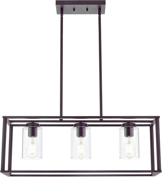 VINLUZ 3-Light Industrial Metal Large Pendant Lighting Oil Rubbed Bronze Modern Linear Chandelier with Clear Glass Shades Farmhouse Rustic Ceiling Light Fixtures Hanging for Dining Room Kitchen Island