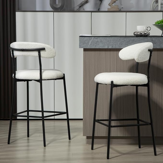 26" Counter Height Bar Stools - Teddy Fabric Upholstered Kitchen Island Stools with Black Powder-Coated Metal Base & Integrated Footrest, Modern Farmhouse Style(Snow)