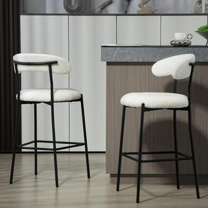 26" Counter Height Bar Stools - Teddy Fabric Upholstered Kitchen Island Stools with Black Powder-Coated Metal Base & Integrated Footrest, Modern Farmhouse Style(Snow)