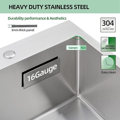 Drop In Kitchen Sink, 15 x 20 x 10 Inch 16 Gauge Single Bowl Topmount Wet Bar Sink T-304 Stainless Steel RV Kitchen Sinks