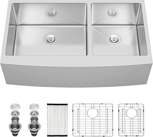 Sarlai 33 Farmhouse Sink Double Bowl- 33x21 Inch Apron Front Kitchen Sink Double Bowl 60/40 Stainless Steel 16 Gauge Round Corner Farm Farmer Kitchen Sinks
